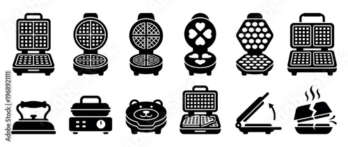 Collection of various waffle makers, sandwich presses, and other breakfast cooking appliances depicted as black and white vector icons for kitchen use.
