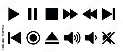 Media player control icons set for audio and video applications, featuring play, pause, stop, and volume symbols.