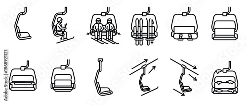 Ski lift and chairlift icons depicting various designs, including empty seats, passengers, and skis, for winter sports transportation.