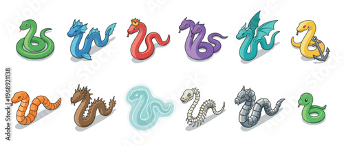 Cartoon snakes and fantasy dragons collection featuring various mythical creatures and reptiles in a playful vector illustration style.