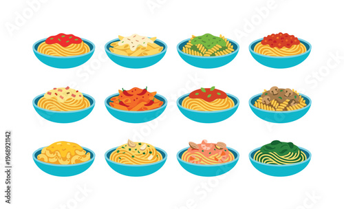 Bowls of pasta with tomato sauce, creamy alfredo, pesto sauce, bolognese, carbonara, arrabbiata, marinara, mushroom sauce, cheese