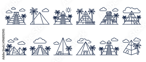 Collection of ancient pyramid and temple icons with palm trees and clouds, representing historical travel destinations and architectural wonders in line art style.