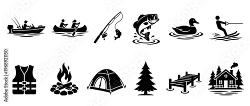 Outdoor recreation and water sports icons featuring fishing, boating, camping, and nature elements for summer adventures and leisure activities.