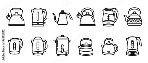 Collection of various kettles and teapots in a simple outline icon style for hot beverage preparation.