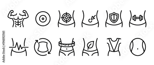 Fitness and health icons illustrating various aspects of body wellness, exercise, and weight management in a clean, modern line art style.