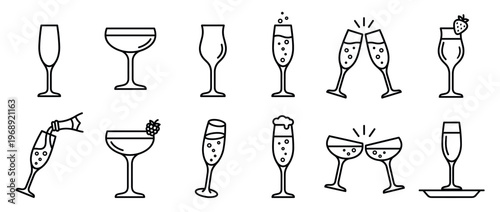 Champagne glasses and cocktail drinkware icons set, featuring various types of flutes, coupes, and other celebratory beverage containers.