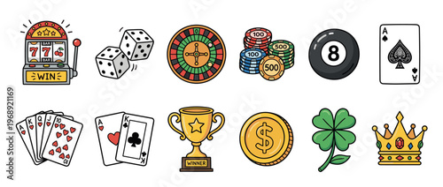 Casino gambling icons, including slot machine, dice, roulette, chips, and playing cards, along with lucky symbols like a clover and crown, are presented in a vibrant cartoon style.