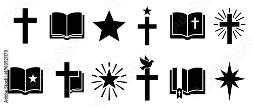 Christian religious symbols collection with crosses, Bibles, stars, and doves representing faith and spirituality in various designs