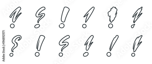 Hand-drawn exclamation and question marks in a collection of various sketchy styles for emphasis and inquiry.