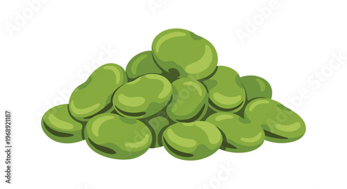 A generous heap of shelled green broad beans sits in a cluster displaying various shades of olive and lime green on a plain white background with soft matte tones.