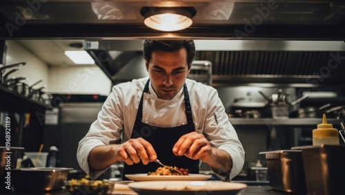 A focused chef meticulously plates a dish under bright kitchen lighting, a culinary scene