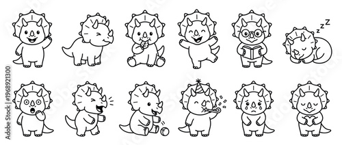 Cute triceratops dinosaurs seamless pattern featuring adorable cartoon characters expressing various emotions and activities.