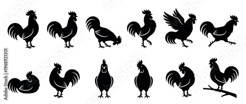 Rooster silhouettes in various dynamic poses depicting farm animals and poultry for design elements.