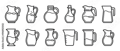 Collection of various line art pitchers, jugs, and measuring cups filled with liquid, perfect for kitchen and beverage designs.