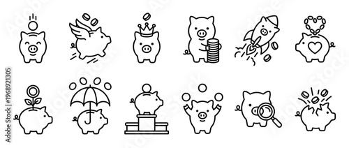 Set of cute piggy bank icons representing different aspects of personal finance, wealth management, and economic growth.