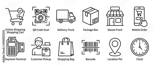 Modern retail and e-commerce vector icons illustrating online shopping, delivery services, payment terminals, and store operations.