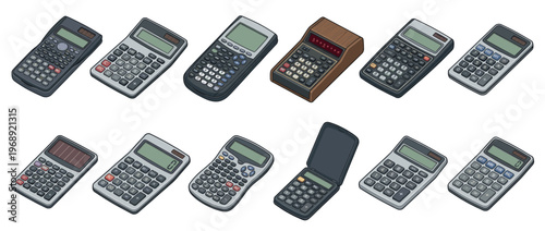 Calculators collection in isometric view, featuring various types like scientific, basic, and vintage models for mathematics and finance.
