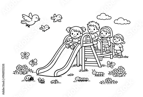 Playground slide with children waiting their turn, friendly birds flying overhead, flowers and grass around, tiny insects