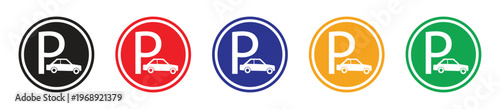 Parking Sign Icon Set with Car Symbol in Multiple Color Variations