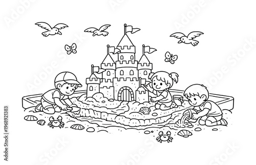 Sandbox castle with children digging moats and adding flags, friendly seagulls flying above, seashells and sand scattered around,