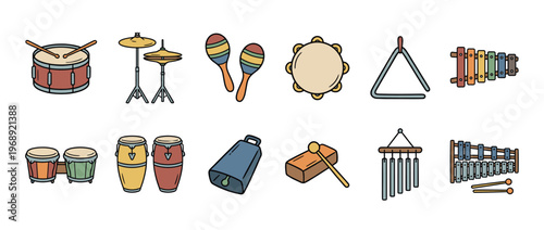 Cartoon percussion musical instruments set featuring drums, cymbals, maracas, and other rhythmic sound makers.
