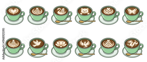 Collection of various coffee cups with intricate latte art designs, showcasing different patterns like hearts, animals, and flowers, perfect for cafe and beverage themes.