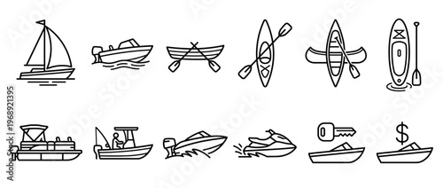 Various boats and watercraft icons collection including sailboat, motorboat, kayak, canoe, jet ski, and fishing boat for marine activities.