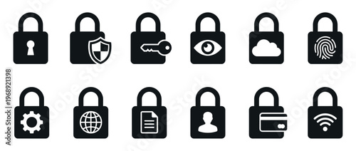 Padlock icons representing various aspects of digital security, data protection, and privacy in a modern vector illustration.