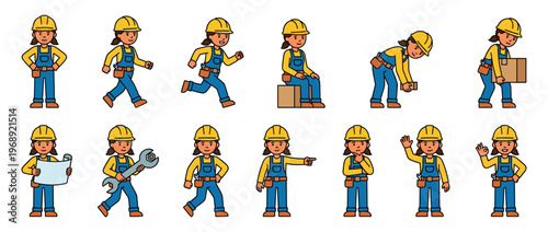 Female construction worker character in various poses and actions, including standing, walking, running, lifting, and holding tools, illustrating different aspects of her job.