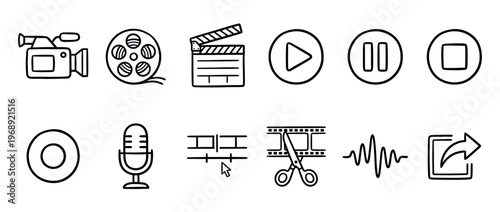 Hand drawn media production and playback icons depicting various tools and controls for film, video, and audio editing and viewing.
