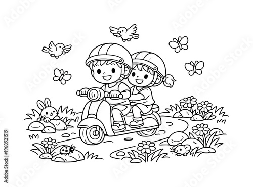 Scooter trip with children riding together through a sunny meadow, flowers and rocks scattered, friendly birds flying overhead,