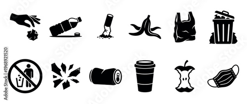 Litter, trash, waste, garbage, pollution icons representing various discarded items and environmental contamination.