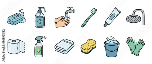 Collection of hand-drawn hygiene and cleaning items including soap, sanitizer, toothbrush, toilet paper, and gloves for personal care and household sanitation.