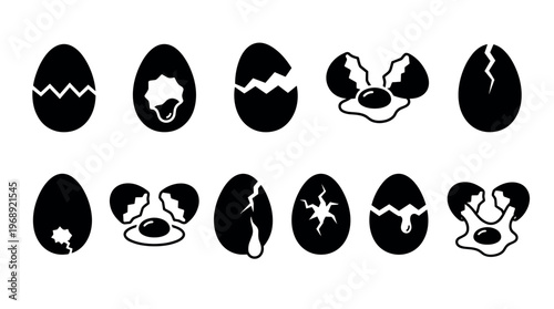Eggs, broken eggs, cracked eggs, and spilled egg yolk icons in a set illustrating different stages of cracking and breaking.