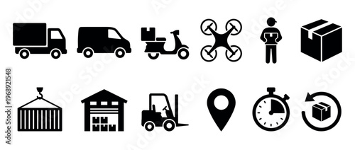 Logistics and delivery icons representing various transportation methods, warehousing, and tracking for efficient shipping services.