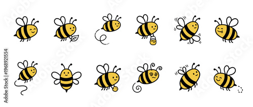 Collection of funny cartoon bees in various poses and expressions, depicting a cheerful and whimsical insect world.