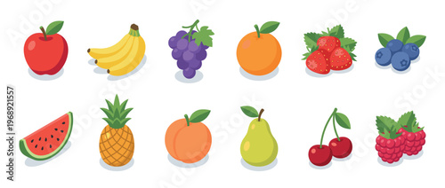 Colorful isometric fruit collection featuring apples, bananas, grapes, oranges, strawberries, blueberries, watermelon, pineapple, peaches, pears, cherries, and raspberries.