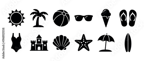 Summer beach vacation icons and symbols collection featuring sun, palm tree, beach ball, and other holiday elements for travel designs.
