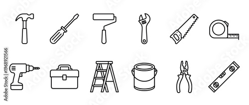 Construction tools, repair equipment, and hardware items are depicted as a comprehensive set of simple outline icons for various projects.