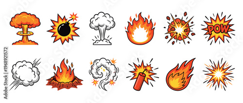 Cartoon explosion fire smoke effects, comic book style elements for dynamic action and impact in a vibrant graphic collection.