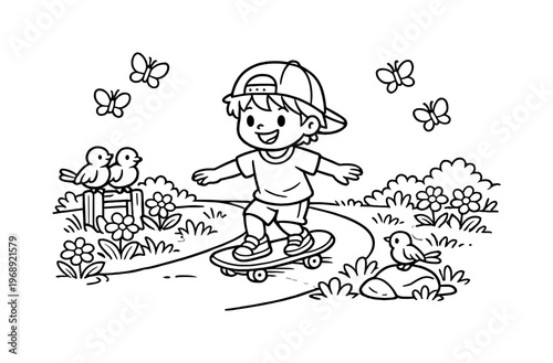 Skateboard kid riding happily along a sunny park path, flowers and grass around, friendly birds perched nearby and butterflies