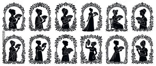 Elegant women silhouettes holding fans in decorative frames, capturing the refined fashion and grace of a bygone era with intricate floral details.