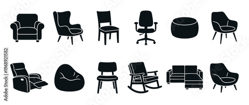 Various chairs and seating furniture silhouettes collection for home and office interior design elements.