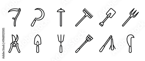 Gardening and farming tools outline icons set for agriculture, horticulture, and cultivation projects.