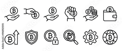 Bitcoin cryptocurrency line icons set illustrating digital finance, security, global transactions, investment, and blockchain technology concepts.