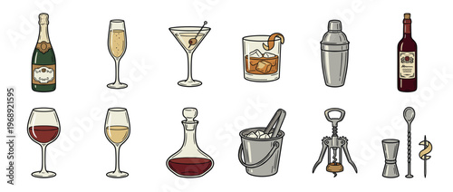 Collection of various alcoholic beverages, bar tools, and drinkware for parties and celebrations.