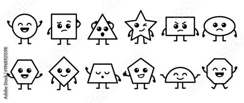 Cute cartoon geometric shapes with various facial expressions and body language form a playful educational illustration.