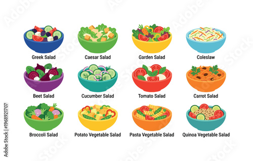 Colorful salad bowls featuring greek salad, caesar salad, garden salad, coleslaw, beet salad, cucumber salad, tomato salad, carrot