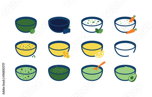 Salad dressings in small bowls including olive oil dressing, balsamic vinegar, yogurt dressing, ranch dressing, mustard dressing,