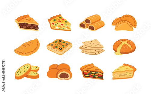 Savory baked items including meat pie slice, quiche portion, sausage rolls, empanadas, calzone, focaccia bread, flatbread, cheese